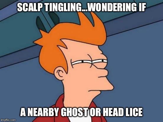 Futurama Fry | SCALP TINGLING...WONDERING IF; A NEARBY GHOST OR HEAD LICE | image tagged in memes,futurama fry | made w/ Imgflip meme maker