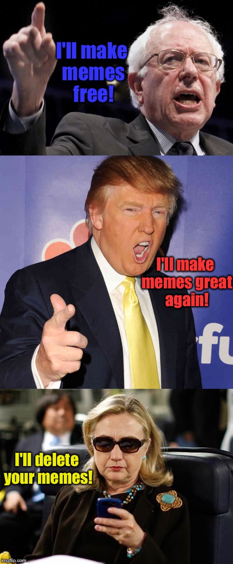 I'll make memes free! I'll make memes great again! I'll delete your memes! | image tagged in meme drsarcasm,presidential candidates,memes | made w/ Imgflip meme maker