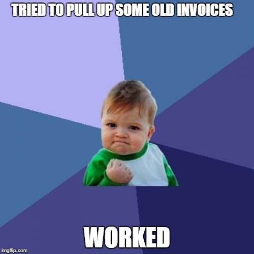 Success Kid Meme | TRIED TO PULL UP SOME OLD INVOICES; WORKED | image tagged in memes,success kid | made w/ Imgflip meme maker