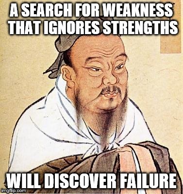 Wise Confucius | A SEARCH FOR WEAKNESS THAT IGNORES STRENGTHS; WILL DISCOVER FAILURE | image tagged in wise confucius,memes,philosophy | made w/ Imgflip meme maker