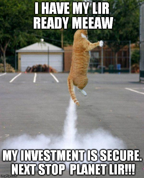 Rocket cat | I HAVE MY LIR READY MEEAW; MY INVESTMENT IS SECURE. NEXT STOP  PLANET LIR!!! | image tagged in rocket cat | made w/ Imgflip meme maker