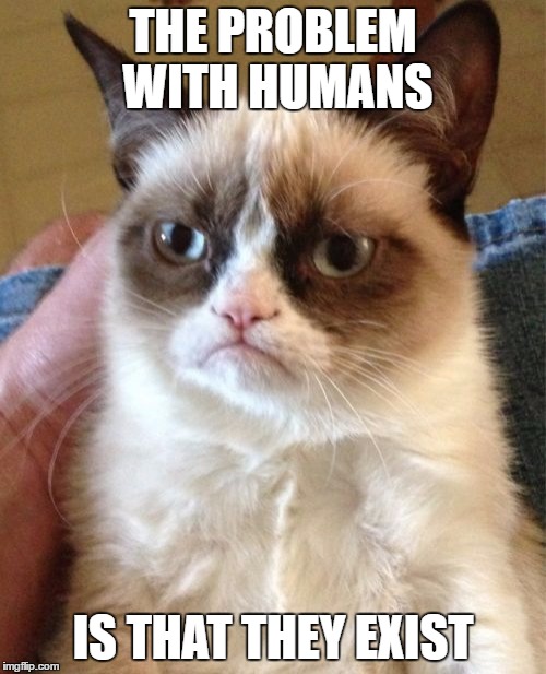 Grumpy Cat | THE PROBLEM WITH HUMANS; IS THAT THEY EXIST | image tagged in memes,grumpy cat | made w/ Imgflip meme maker