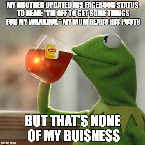 But That's None Of My Business | MY BROTHER UPDATED HIS FACEBOOK STATUS TO READ: "I'M OFF TO GET SOME THINGS FOR MY WANKING." MY MUM READS HIS POSTS; BUT THAT'S NONE OF MY BUISNESS | image tagged in memes,but thats none of my business,kermit the frog | made w/ Imgflip meme maker