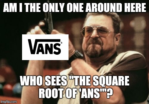 "Ans" as in "Answer" on a calculator | AM I THE ONLY ONE AROUND HERE; WHO SEES "THE SQUARE ROOT OF 'ANS'"? | image tagged in memes,am i the only one around here,math,white vans | made w/ Imgflip meme maker