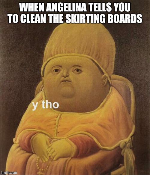 WHEN ANGELINA TELLS YOU TO CLEAN THE SKIRTING BOARDS | image tagged in work | made w/ Imgflip meme maker