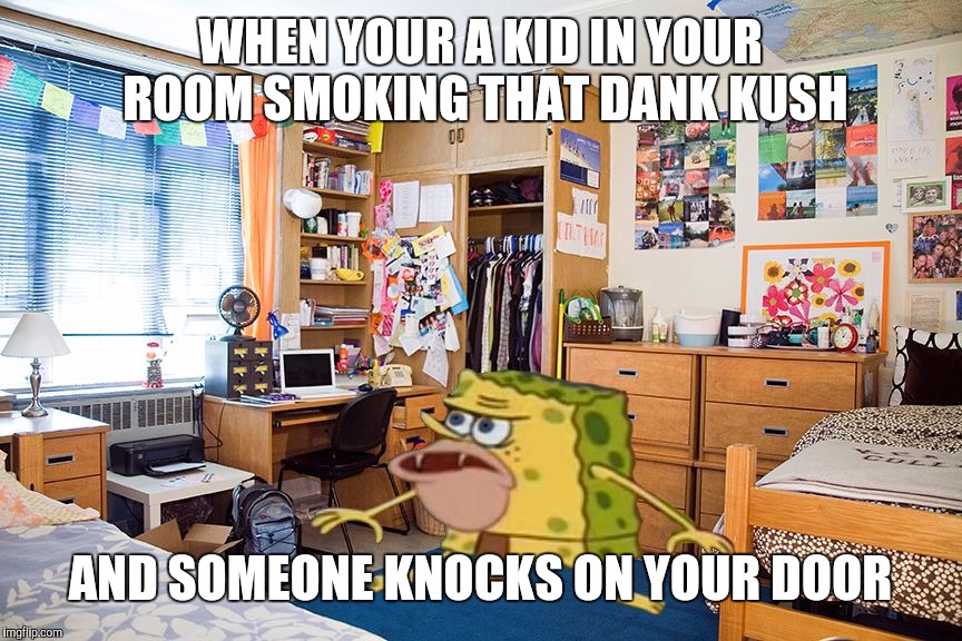 Spongegar Paper | WHEN YOUR A KID IN YOUR ROOM SMOKING THAT DANK KUSH; AND SOMEONE KNOCKS ON YOUR DOOR | image tagged in spongegar paper | made w/ Imgflip meme maker