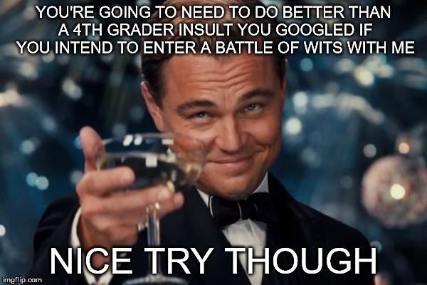 Leonardo Dicaprio Cheers Meme | YOU'RE GOING TO NEED TO DO BETTER THAN A 4TH GRADER INSULT YOU GOOGLED IF YOU INTEND TO ENTER A BATTLE OF WITS WITH ME; NICE TRY THOUGH | image tagged in memes,leonardo dicaprio cheers | made w/ Imgflip meme maker