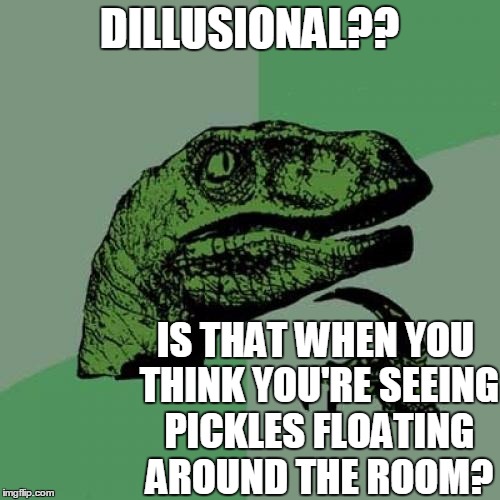 Philosoraptor Meme | DILLUSIONAL?? IS THAT WHEN YOU THINK YOU'RE SEEING PICKLES FLOATING AROUND THE ROOM? | image tagged in memes,philosoraptor | made w/ Imgflip meme maker