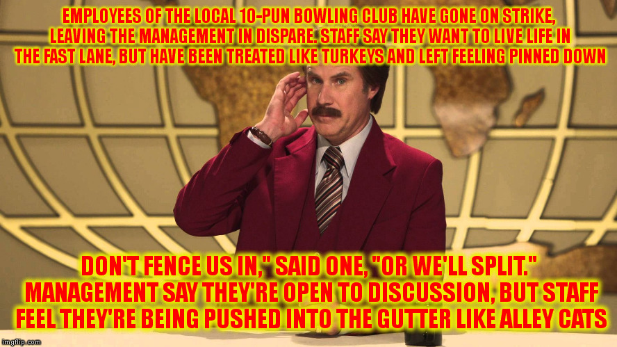 This Just In! | EMPLOYEES OF THE LOCAL 10-PUN BOWLING CLUB HAVE GONE ON STRIKE, LEAVING THE MANAGEMENT IN DISPARE. STAFF SAY THEY WANT TO LIVE LIFE IN THE FAST LANE, BUT HAVE BEEN TREATED LIKE TURKEYS AND LEFT FEELING PINNED DOWN; DON'T FENCE US IN," SAID ONE, "OR WE'LL SPLIT." MANAGEMENT SAY THEY'RE OPEN TO DISCUSSION, BUT STAFF FEEL THEY'RE BEING PUSHED INTO THE GUTTER LIKE ALLEY CATS | image tagged in this just in | made w/ Imgflip meme maker