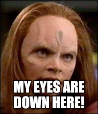My eyes are down here | MY EYES ARE DOWN HERE! | image tagged in star trek,well this is awkward | made w/ Imgflip meme maker