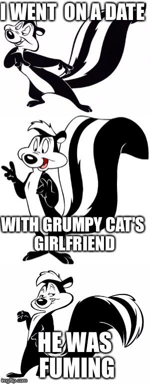 Bad Pun le Pew | I WENT  ON A DATE; WITH GRUMPY CAT'S GIRLFRIEND; HE WAS FUMING | image tagged in bad pun le pew | made w/ Imgflip meme maker