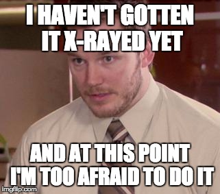 Afraid To Ask Andy (Closeup) Meme | I HAVEN'T GOTTEN IT X-RAYED YET; AND AT THIS POINT I'M TOO AFRAID TO DO IT | image tagged in memes,afraid to ask andy closeup,AdviceAnimals | made w/ Imgflip meme maker