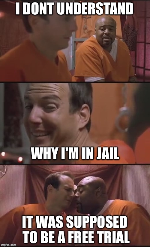 Template Awkward Much but its the Only Jail Pun Template So I went With it. | I DONT UNDERSTAND; WHY I'M IN JAIL; IT WAS SUPPOSED TO BE A FREE TRIAL | image tagged in bad pun prison | made w/ Imgflip meme maker