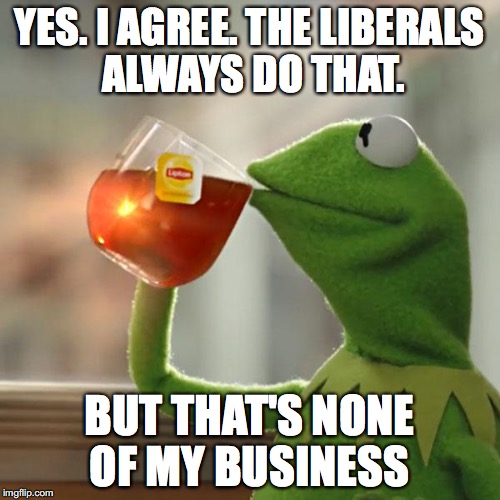 But That's None Of My Business Meme | YES. I AGREE. THE LIBERALS ALWAYS DO THAT. BUT THAT'S NONE OF MY BUSINESS | image tagged in memes,but thats none of my business,kermit the frog | made w/ Imgflip meme maker