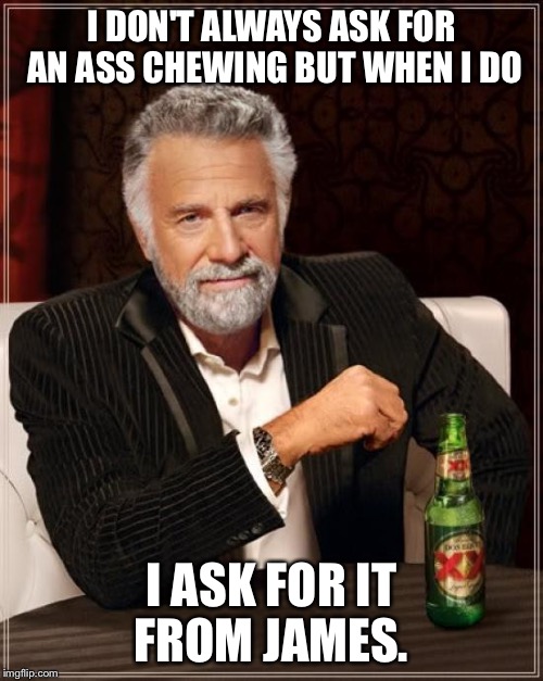 The Most Interesting Man In The World | I DON'T ALWAYS ASK FOR AN ASS CHEWING BUT WHEN I DO; I ASK FOR IT FROM JAMES. | image tagged in memes,the most interesting man in the world | made w/ Imgflip meme maker