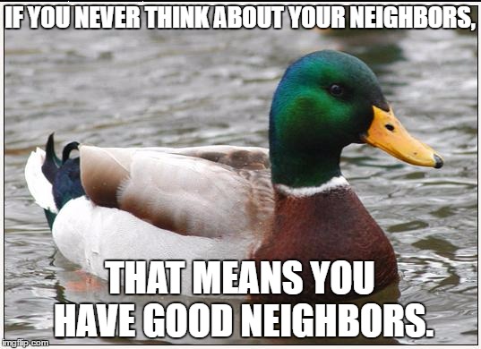 Today, I realized just how peaceful it always is around here. My neighbors are experts at not being annoying. | IF YOU NEVER THINK ABOUT YOUR NEIGHBORS, THAT MEANS YOU HAVE GOOD NEIGHBORS. | image tagged in memes,actual advice mallard | made w/ Imgflip meme maker
