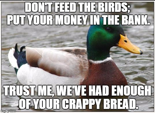 Mary Poppins was dead wrong. | DON'T FEED THE BIRDS; PUT YOUR MONEY IN THE BANK. TRUST ME, WE'VE HAD ENOUGH OF YOUR CRAPPY BREAD. | image tagged in memes,actual advice mallard | made w/ Imgflip meme maker