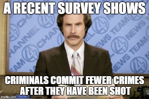 Ron Burgundy | A RECENT SURVEY SHOWS; CRIMINALS COMMIT FEWER CRIMES AFTER THEY HAVE BEEN SHOT | image tagged in memes,ron burgundy | made w/ Imgflip meme maker