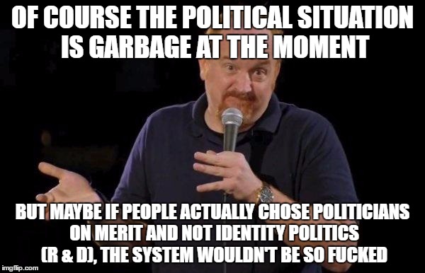 Louis ck but maybe | OF COURSE THE POLITICAL SITUATION IS GARBAGE AT THE MOMENT; BUT MAYBE IF PEOPLE ACTUALLY CHOSE POLITICIANS ON MERIT AND NOT IDENTITY POLITICS (R & D), THE SYSTEM WOULDN'T BE SO FUCKED | image tagged in louis ck but maybe,AdviceAnimals | made w/ Imgflip meme maker
