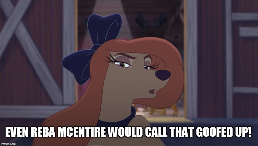 Even Reba McEntire Would Call That Goofed Up! | EVEN REBA MCENTIRE WOULD CALL THAT GOOFED UP! | image tagged in dixie tough,memes,disney,the fox and the hound 2,reba mcentire,dog | made w/ Imgflip meme maker