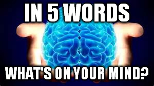 In 5 words, what's on your mind?  | IN 5 WORDS; WHAT'S ON YOUR MIND? | image tagged in social media,mind,opinions,sharing,talking | made w/ Imgflip meme maker