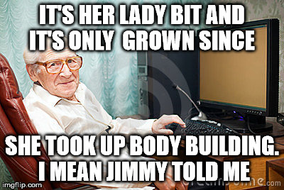 website | IT'S HER LADY BIT AND IT'S ONLY  GROWN SINCE; SHE TOOK UP BODY BUILDING. I MEAN JIMMY TOLD ME | image tagged in computer guy | made w/ Imgflip meme maker