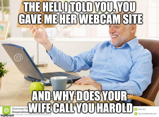 webcam | THE HELL I TOLD YOU. YOU GAVE ME HER WEBCAM SITE; AND WHY DOES YOUR WIFE CALL YOU HAROLD | image tagged in funny | made w/ Imgflip meme maker