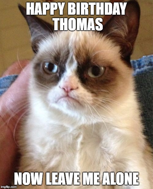 Grumpy Cat Meme | HAPPY BIRTHDAY THOMAS NOW LEAVE ME ALONE | image tagged in memes,grumpy cat | made w/ Imgflip meme maker