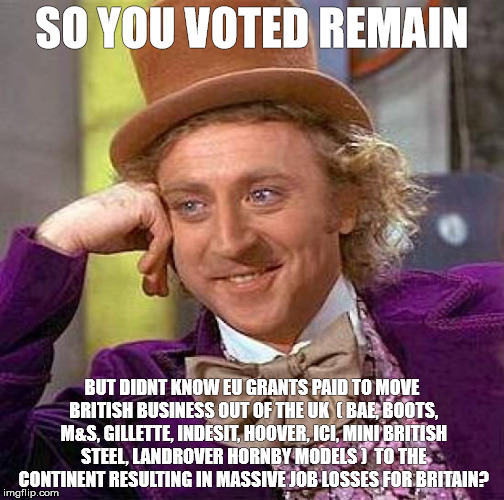 Creepy Condescending Wonka Meme | SO YOU VOTED REMAIN; BUT DIDNT KNOW EU GRANTS PAID TO MOVE BRITISH BUSINESS OUT OF THE UK  ( BAE, BOOTS, M&S, GILLETTE, INDESIT, HOOVER, ICI, MINI BRITISH STEEL, LANDROVER HORNBY MODELS )  TO THE CONTINENT RESULTING IN MASSIVE JOB LOSSES FOR BRITAIN? | image tagged in memes,creepy condescending wonka | made w/ Imgflip meme maker