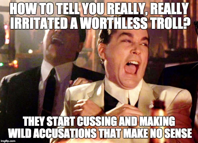 Good Fellas Hilarious | HOW TO TELL YOU REALLY, REALLY IRRITATED A WORTHLESS TROLL? THEY START CUSSING AND MAKING WILD ACCUSATIONS THAT MAKE NO SENSE | image tagged in memes,good fellas hilarious | made w/ Imgflip meme maker