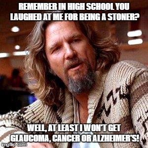 The Dude | REMEMBER IN HIGH SCHOOL YOU LAUGHED AT ME FOR BEING A STONER? WELL, AT LEAST I WON'T GET GLAUCOMA, CANCER OR ALZHEIMER'S! | image tagged in the dude | made w/ Imgflip meme maker
