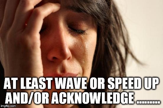First World Problems Meme | AT LEAST WAVE OR SPEED UP AND/OR ACKNOWLEDGE ......... | image tagged in memes,first world problems | made w/ Imgflip meme maker