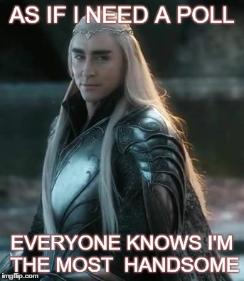 Take your poll and shuv it! | AS IF I NEED A POLL; EVERYONE KNOWS I'M THE MOST  HANDSOME | image tagged in thranduil meme,thranduil,thranduil hobbit,thranduil handsome,thranduil hot,thranduil sexy | made w/ Imgflip meme maker