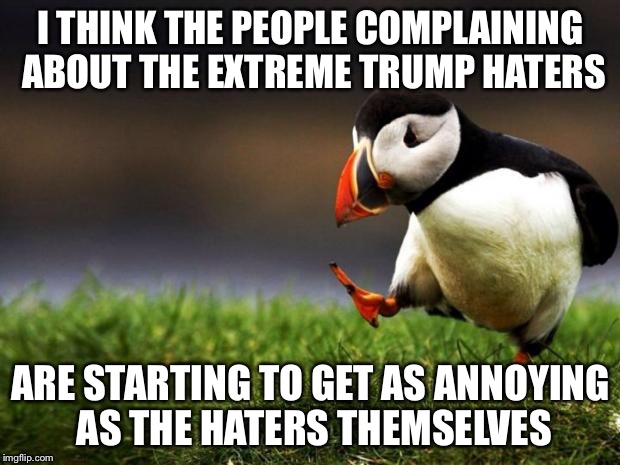 Unpopular Opinion Puffin | I THINK THE PEOPLE COMPLAINING ABOUT THE EXTREME TRUMP HATERS; ARE STARTING TO GET AS ANNOYING AS THE HATERS THEMSELVES | image tagged in memes,unpopular opinion puffin | made w/ Imgflip meme maker