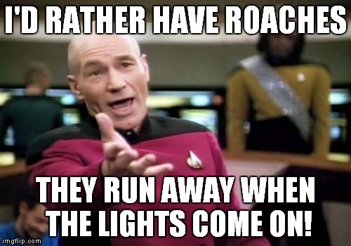 Picard Wtf Meme | I'D RATHER HAVE ROACHES THEY RUN AWAY WHEN THE LIGHTS COME ON! | image tagged in memes,picard wtf | made w/ Imgflip meme maker