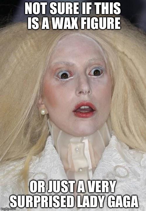 Surprised Gaga | NOT SURE IF THIS IS A WAX FIGURE; OR JUST A VERY SURPRISED LADY GAGA | image tagged in make up fails | made w/ Imgflip meme maker