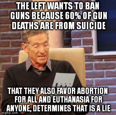 Maury Lie Detector | THE LEFT WANTS TO BAN GUNS BECAUSE 60% OF GUN DEATHS ARE FROM SUICIDE; THAT THEY ALSO FAVOR ABORTION FOR ALL AND EUTHANASIA FOR ANYONE, DETERMINES THAT IS A LIE | image tagged in memes,maury lie detector | made w/ Imgflip meme maker