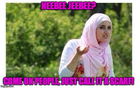 Confused Muslim Girl | HEEBEE JEEBEE? COME ON PEOPLE, JUST CALL IT A SCARF! | image tagged in confused muslim girl | made w/ Imgflip meme maker
