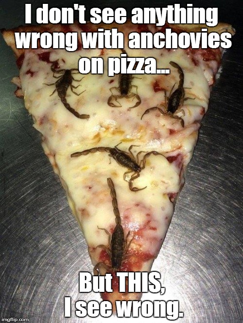 oh | I don't see anything wrong with anchovies on pizza... But THIS, I see wrong. | image tagged in scorpion pizza,anchovies | made w/ Imgflip meme maker