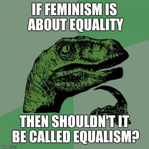 Philosoraptor Meme | IF FEMINISM IS ABOUT EQUALITY; THEN SHOULDN'T IT BE CALLED EQUALISM? | image tagged in memes,philosoraptor | made w/ Imgflip meme maker