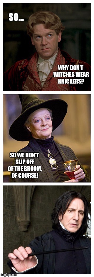 Bad Pun Potter | SO... WHY DON'T WITCHES WEAR KNICKERS? SO WE DON'T SLIP OFF OF THE BROOM, OF COURSE! | image tagged in bad pun,professor snape,professor mcgonagall,professor lockhart,harry potter | made w/ Imgflip meme maker