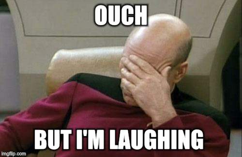 Captain Picard Facepalm Meme | OUCH BUT I'M LAUGHING | image tagged in memes,captain picard facepalm | made w/ Imgflip meme maker