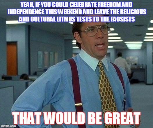 That Would Be Great | YEAH, IF YOU COULD CELEBRATE FREEDOM AND INDEPENDENCE THIS WEEKEND AND LEAVE THE RELIGIOUS AND CULTURAL LITMUS TESTS TO THE FACSISTS; THAT WOULD BE GREAT | image tagged in memes,that would be great | made w/ Imgflip meme maker