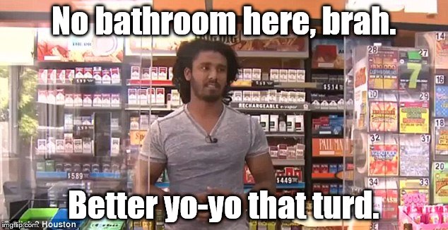 No bathroom here, brah. Better yo-yo that turd. | image tagged in bathroom | made w/ Imgflip meme maker