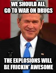 George Bush | WE SHOULD ALL GO TO WAR ON DRUGS; THE EXPLOSIONS WILL BE FRICKIN' AWESOME | image tagged in memes,george bush | made w/ Imgflip meme maker