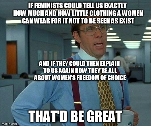 That Would Be Great | IF FEMINISTS COULD TELL US EXACTLY HOW MUCH AND HOW LITTLE CLOTHING A WOMEN CAN WEAR FOR IT NOT TO BE SEEN AS EXIST; AND IF THEY COULD THEN EXPLAIN TO US AGAIN HOW THEY'RE ALL ABOUT WOMEN'S FREEDOM OF CHOICE; THAT'D BE GREAT | image tagged in memes,that would be great | made w/ Imgflip meme maker
