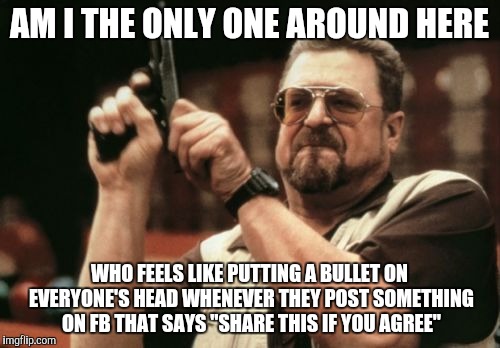 Am I The Only One Around Here | AM I THE ONLY ONE AROUND HERE; WHO FEELS LIKE PUTTING A BULLET ON EVERYONE'S HEAD WHENEVER THEY POST SOMETHING ON FB THAT SAYS "SHARE THIS IF YOU AGREE" | image tagged in memes,am i the only one around here | made w/ Imgflip meme maker