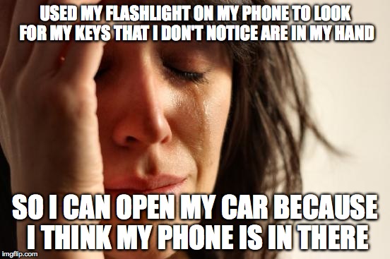 First World Problems | USED MY FLASHLIGHT ON MY PHONE TO LOOK FOR MY KEYS THAT I DON'T NOTICE ARE IN MY HAND; SO I CAN OPEN MY CAR BECAUSE I THINK MY PHONE IS IN THERE | image tagged in memes,first world problems | made w/ Imgflip meme maker