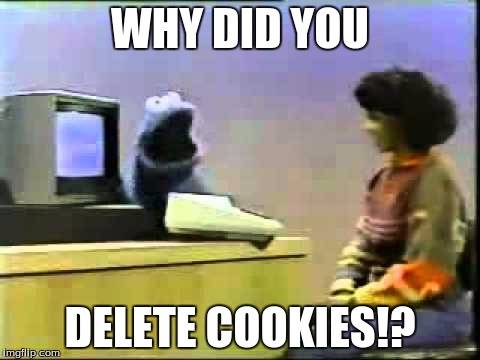 Cookie Monster and cookies | WHY DID YOU; DELETE COOKIES!? | image tagged in funny,memes | made w/ Imgflip meme maker