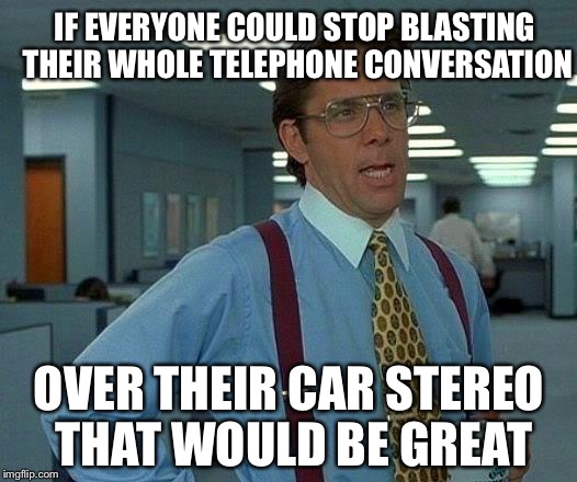 That Would Be Great | IF EVERYONE COULD STOP BLASTING THEIR WHOLE TELEPHONE CONVERSATION; OVER THEIR CAR STEREO THAT WOULD BE GREAT | image tagged in memes,that would be great | made w/ Imgflip meme maker